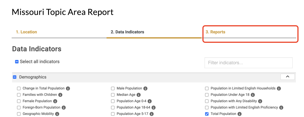 The "Reports" tab in the reporting tool is highlighted for selection. 